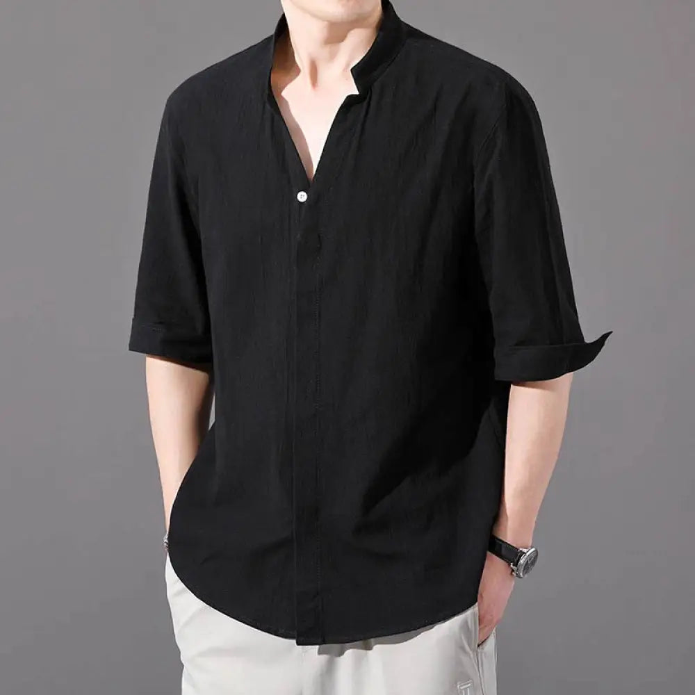 Buddha Stones Summer Men’s Half Sleeve Button Cotton Shirt - Black / US/UK/AU34，EU44 (M) - Men’s Shirts