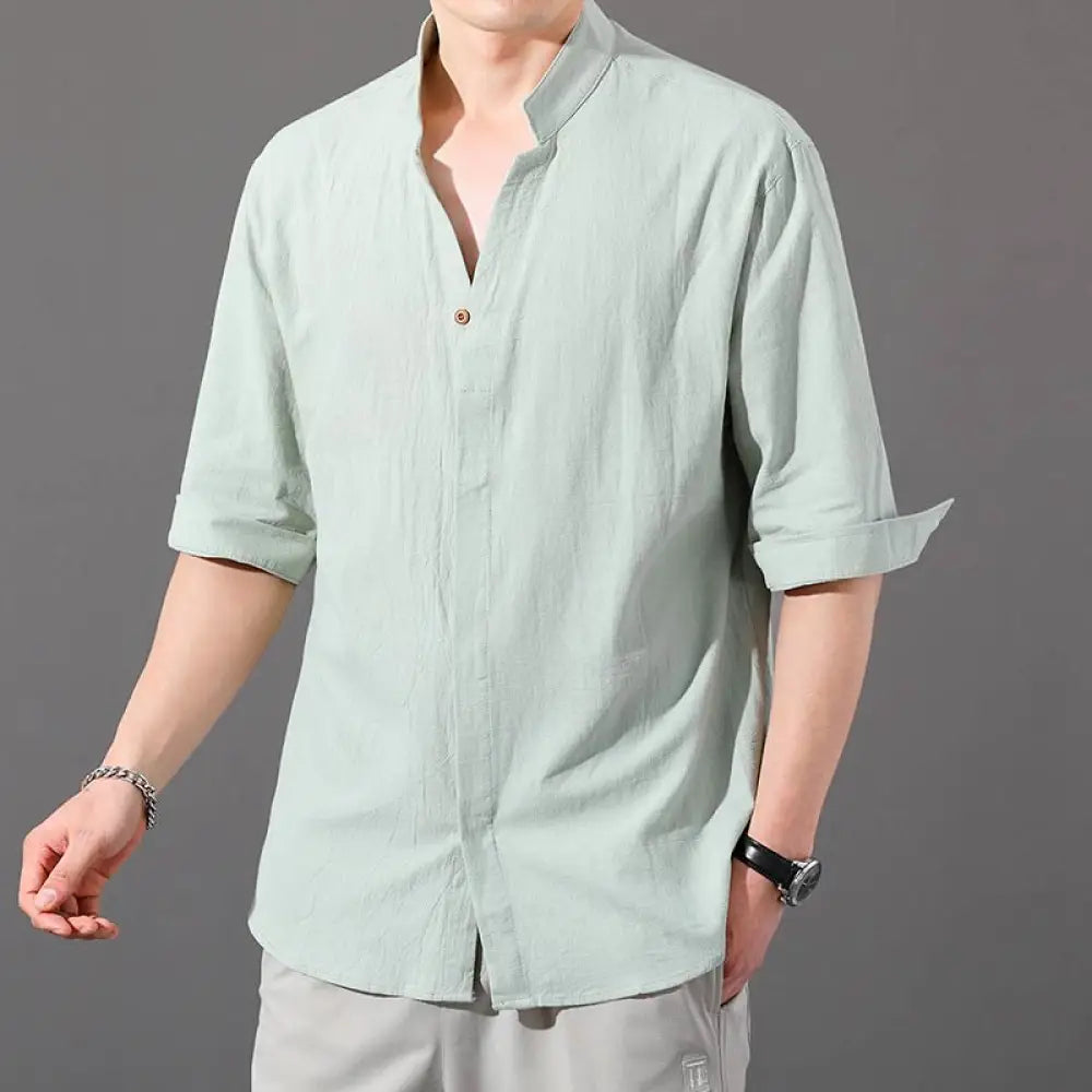 Buddha Stones Summer Men’s Half Sleeve Button Cotton Shirt - MintCream / US/UK/AU34，EU44 (M) - Men’s Shirts