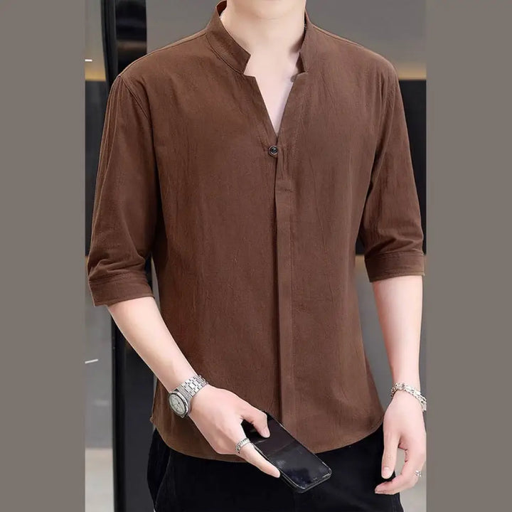 Buddha Stones Summer Men’s Half Sleeve Button Cotton Shirt - Peru / US/UK/AU34，EU44 (M) - Men’s Shirts