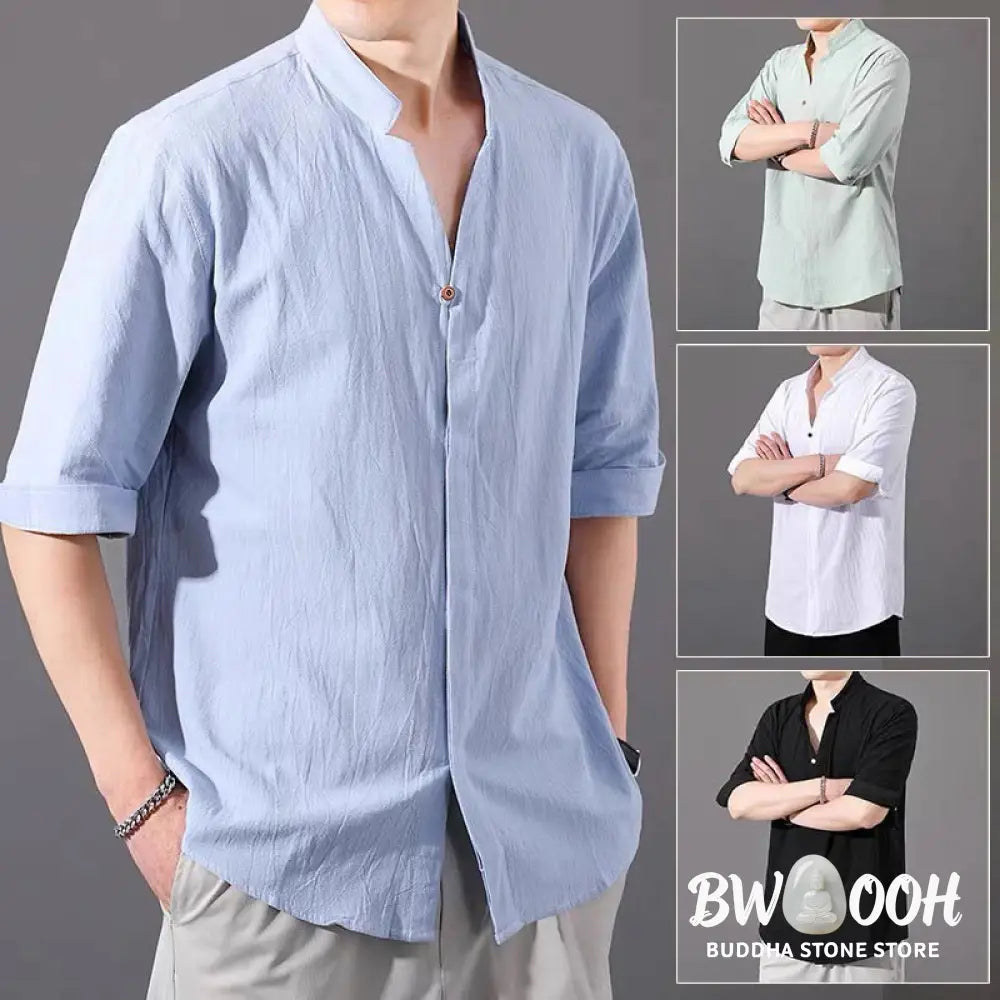 Buddha Stones Summer Men’s Half Sleeve Button Cotton Shirt - Men’s Shirts