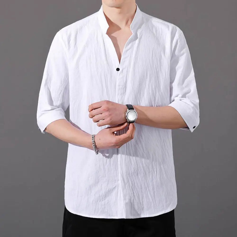 Buddha Stones Summer Men’s Half Sleeve Button Cotton Shirt - White / US/UK/AU34，EU44 (M) - Men’s Shirts