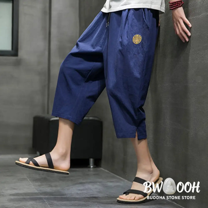 Buddha Stones Summer Men’s Linen Drawstring Cropped Pants With Pockets - Men’s Pants