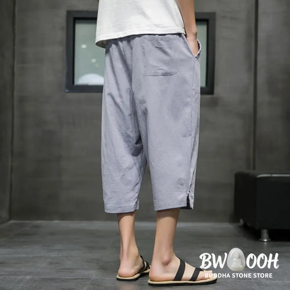 Buddha Stones Summer Men’s Linen Drawstring Cropped Pants With Pockets - Men’s Pants