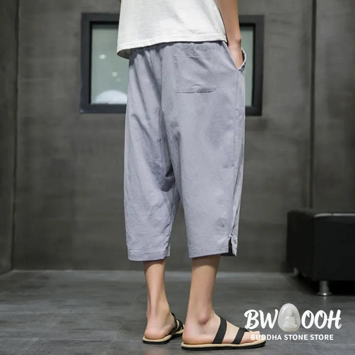 Buddha Stones Summer Men’s Linen Drawstring Cropped Pants With Pockets - Men’s Pants