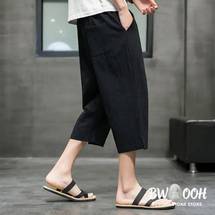 Buddha Stones Summer Men’s Linen Drawstring Cropped Pants With Pockets - Men’s Pants
