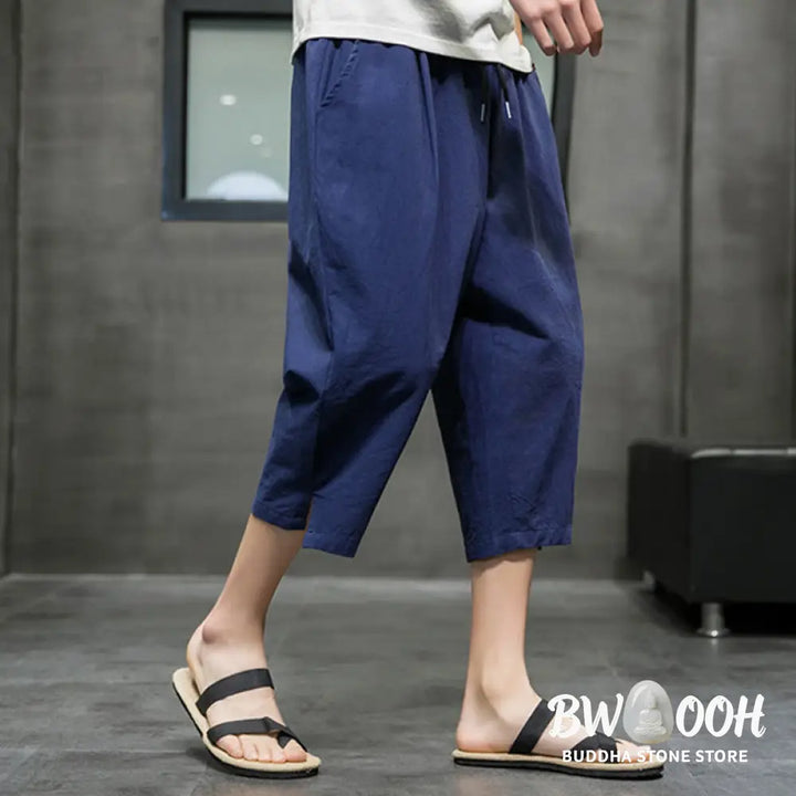 Buddha Stones Summer Men’s Linen Drawstring Cropped Pants With Pockets - Men’s Pants