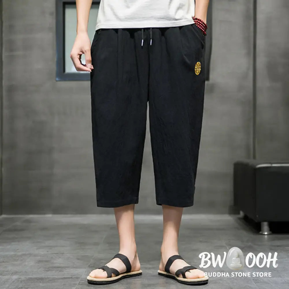 Buddha Stones Summer Men’s Linen Drawstring Cropped Pants With Pockets - Men’s Pants
