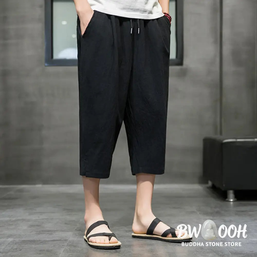 Buddha Stones Summer Men’s Linen Drawstring Cropped Pants With Pockets - Men’s Pants