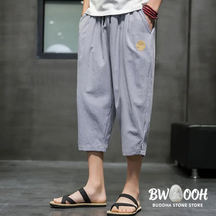 Buddha Stones Summer Men’s Linen Drawstring Cropped Pants With Pockets - Men’s Pants