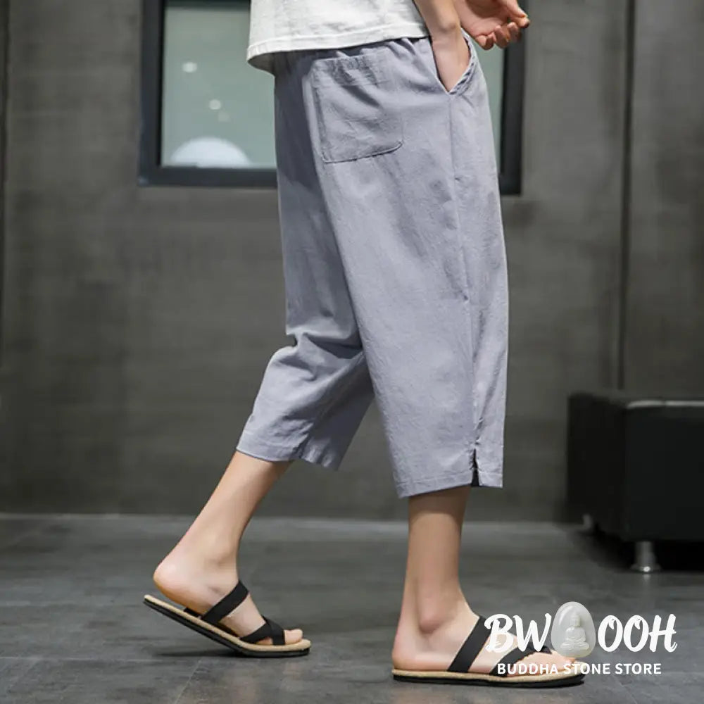 Buddha Stones Summer Men’s Linen Drawstring Cropped Pants With Pockets - Men’s Pants