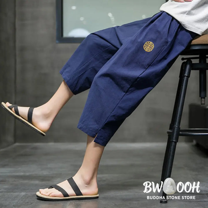 Buddha Stones Summer Men’s Linen Drawstring Cropped Pants With Pockets - Men’s Pants
