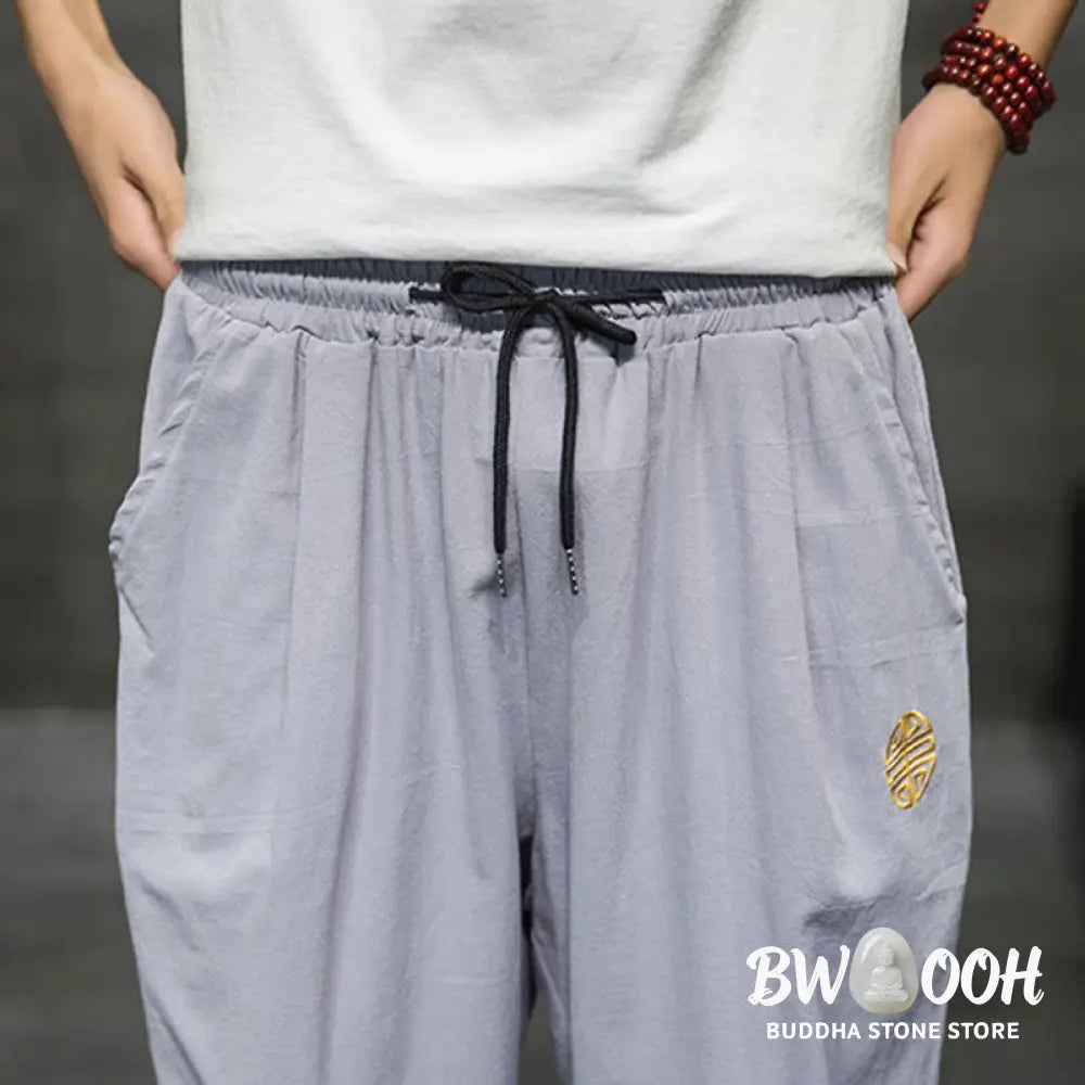 Buddha Stones Summer Men’s Linen Drawstring Cropped Pants With Pockets - Men’s Pants