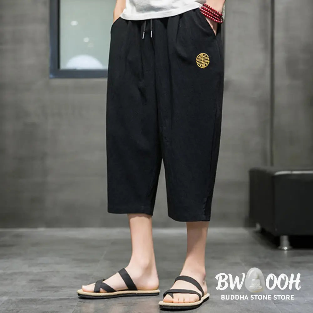 Buddha Stones Summer Men’s Linen Drawstring Cropped Pants With Pockets - Men’s Pants