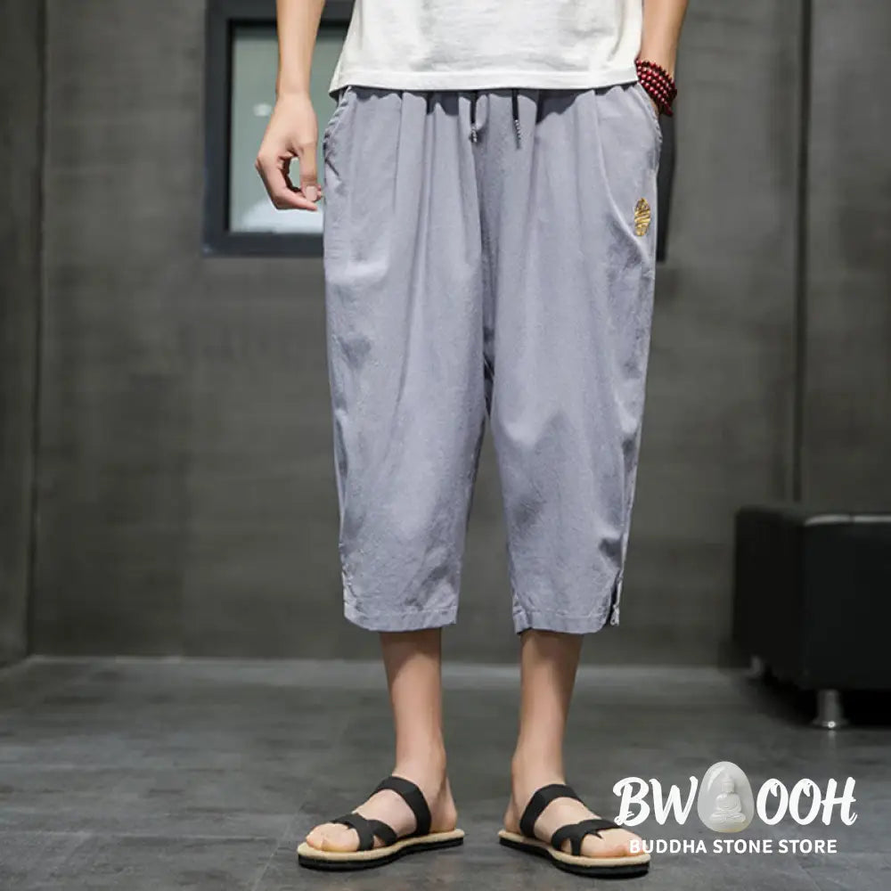 Buddha Stones Summer Men’s Linen Drawstring Cropped Pants With Pockets - Men’s Pants
