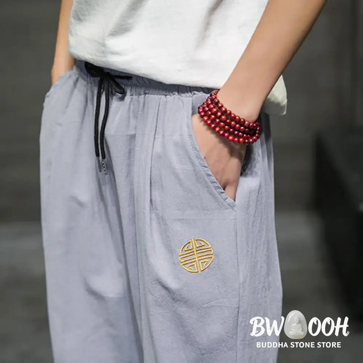 Buddha Stones Summer Men’s Linen Drawstring Cropped Pants With Pockets - Men’s Pants