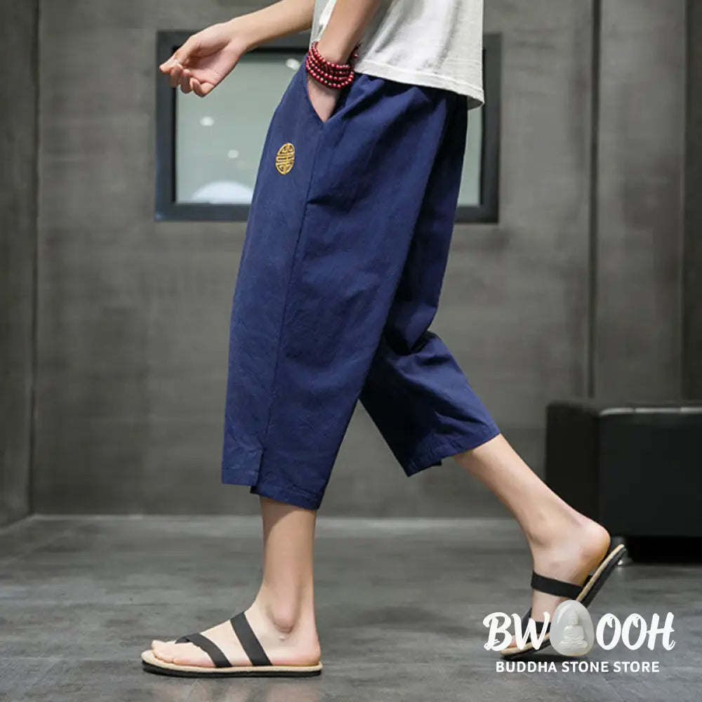 Buddha Stones Summer Men’s Linen Drawstring Cropped Pants With Pockets - Men’s Pants