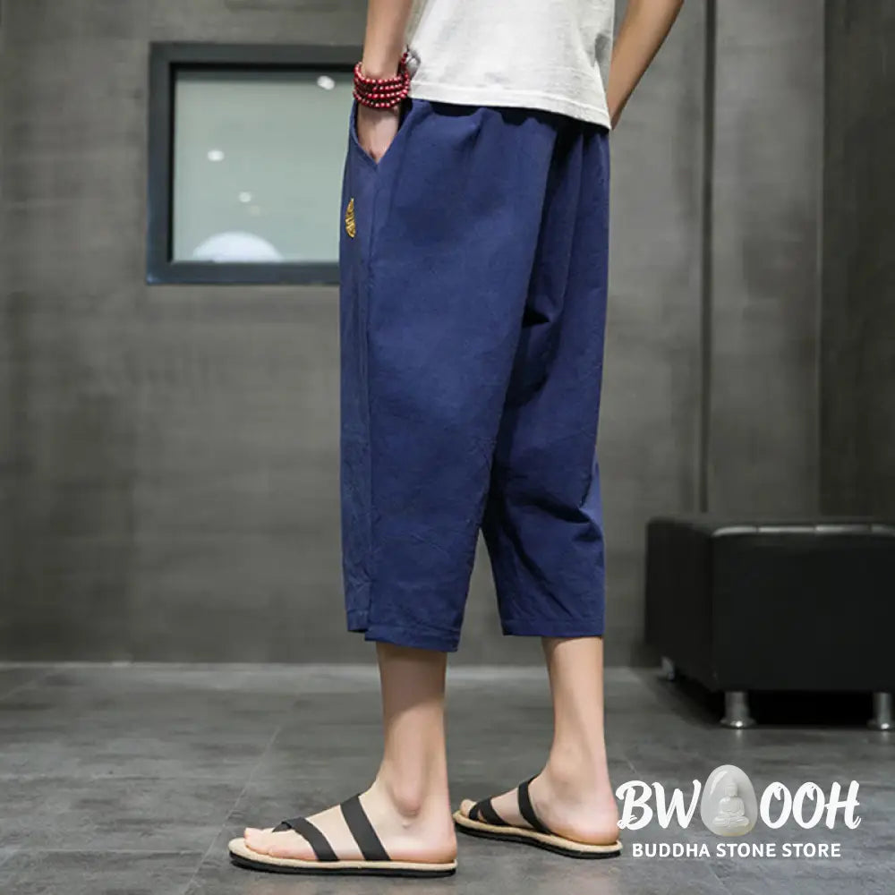 Buddha Stones Summer Men’s Linen Drawstring Cropped Pants With Pockets - Men’s Pants