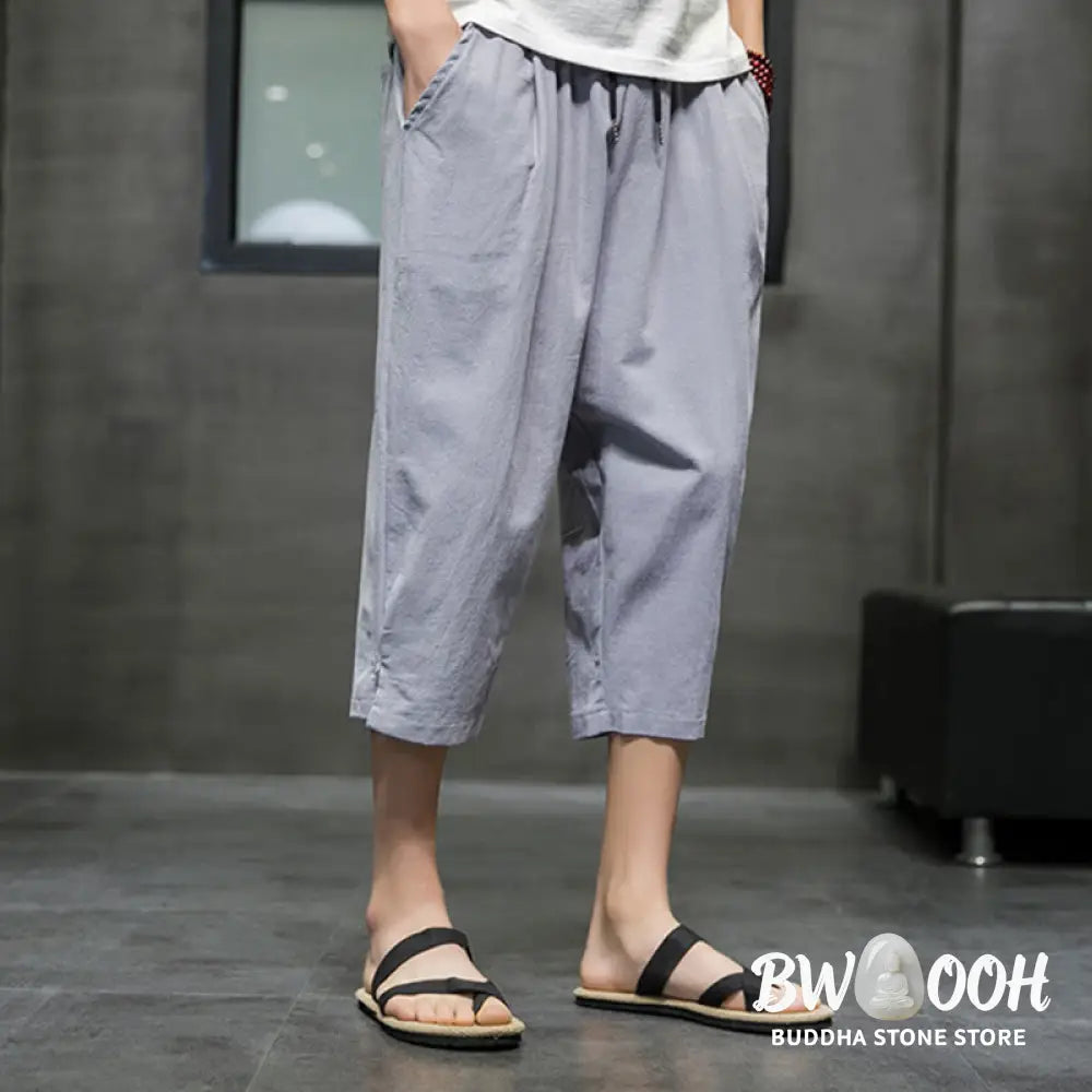 Buddha Stones Summer Men’s Linen Drawstring Cropped Pants With Pockets - Men’s Pants