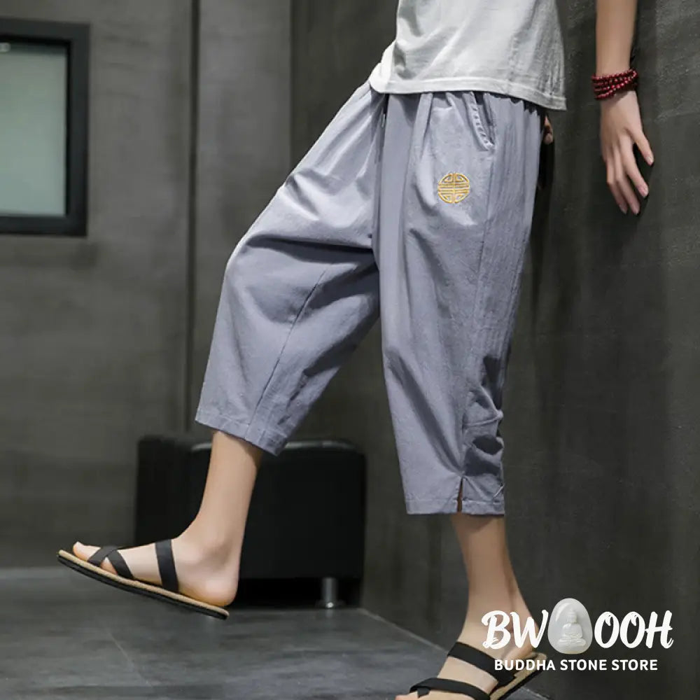 Buddha Stones Summer Men’s Linen Drawstring Cropped Pants With Pockets - Men’s Pants