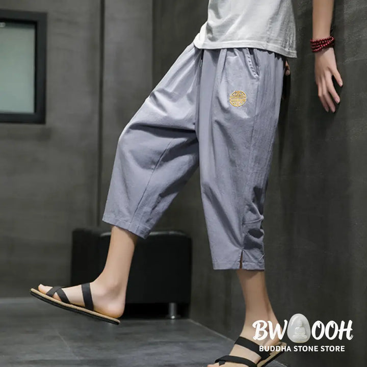 Buddha Stones Summer Men’s Linen Drawstring Cropped Pants With Pockets - Men’s Pants