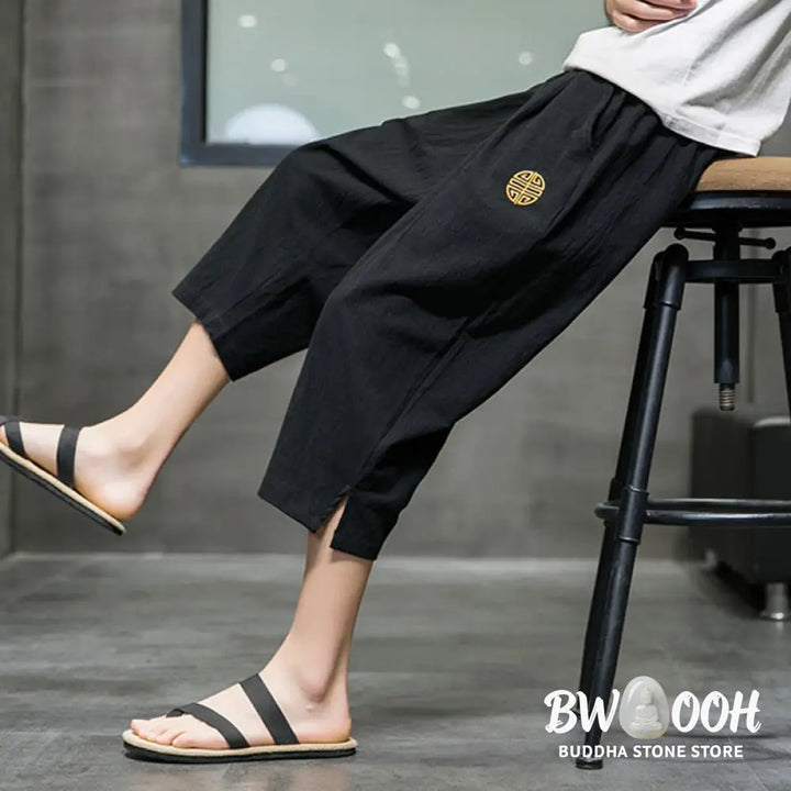 Buddha Stones Summer Men’s Linen Drawstring Cropped Pants With Pockets - Men’s Pants