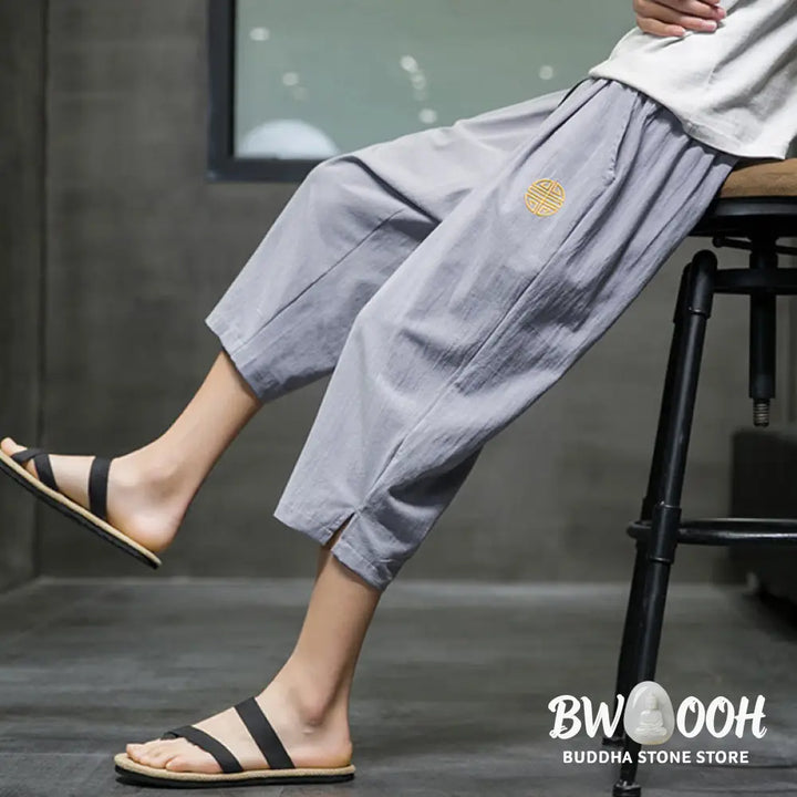 Buddha Stones Summer Men’s Linen Drawstring Cropped Pants With Pockets - Men’s Pants