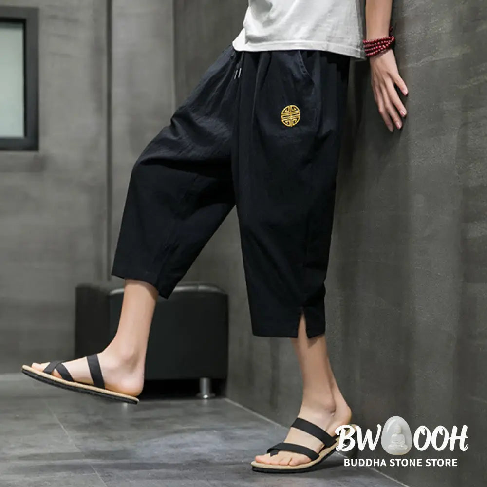 Buddha Stones Summer Men’s Linen Drawstring Cropped Pants With Pockets - Men’s Pants