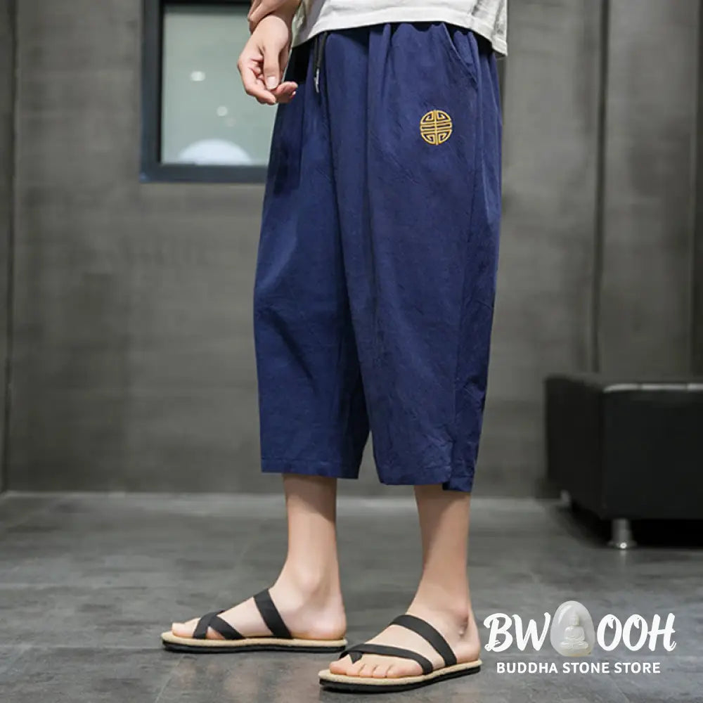 Buddha Stones Summer Men’s Linen Drawstring Cropped Pants With Pockets - Men’s Pants