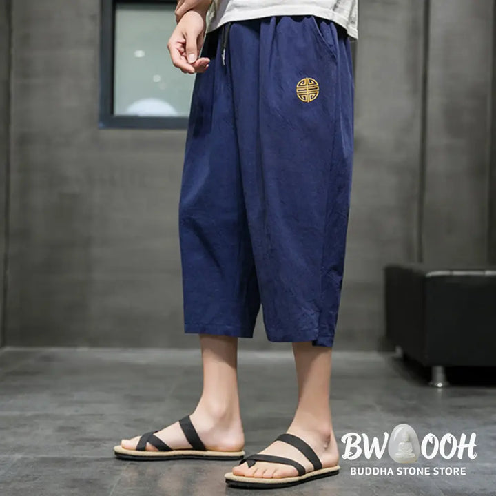 Buddha Stones Summer Men’s Linen Drawstring Cropped Pants With Pockets - Men’s Pants