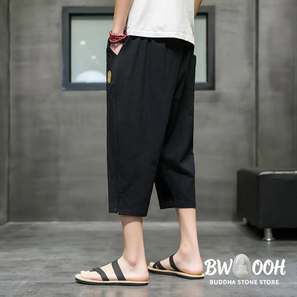 Buddha Stones Summer Men’s Linen Drawstring Cropped Pants With Pockets - Men’s Pants