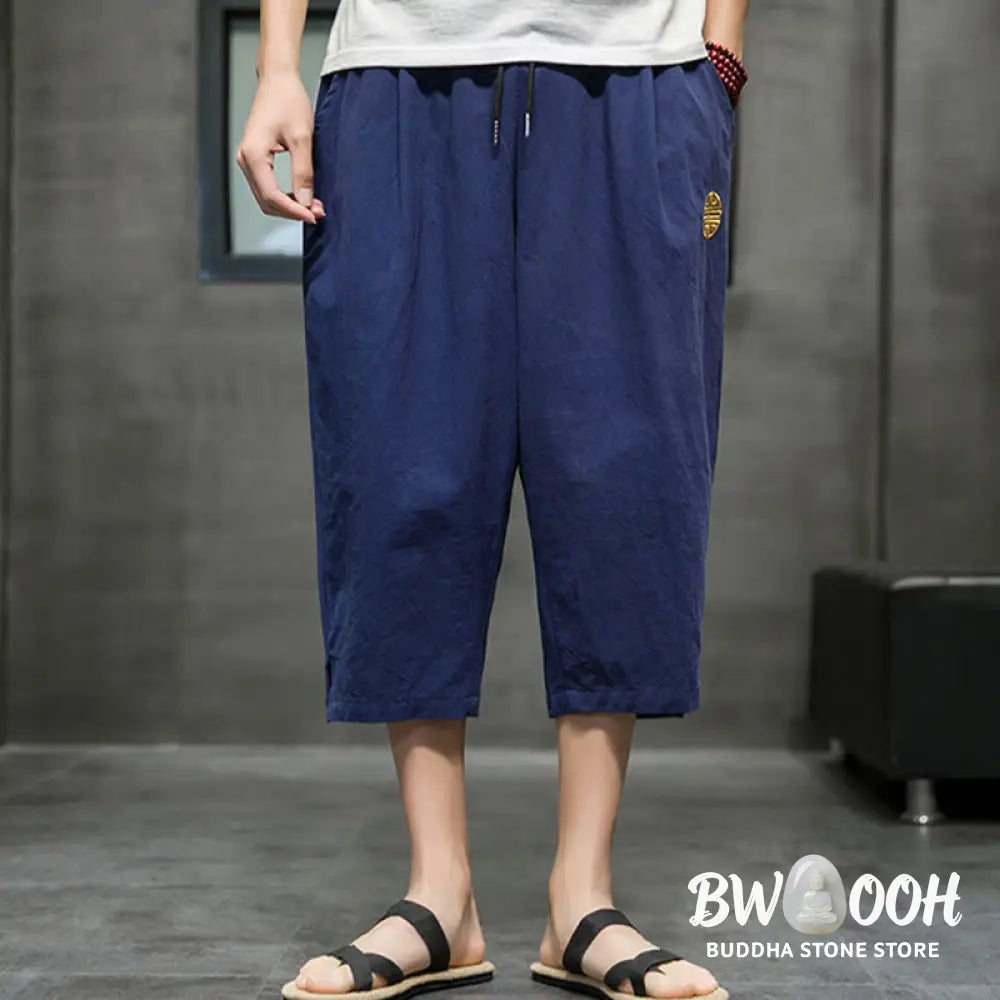 Buddha Stones Summer Men’s Linen Drawstring Cropped Pants With Pockets - Men’s Pants