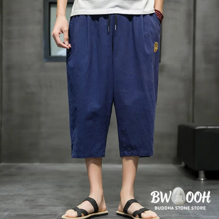 Buddha Stones Summer Men’s Linen Drawstring Cropped Pants With Pockets - Men’s Pants