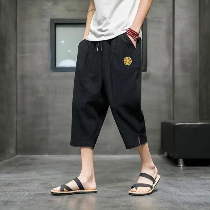 Buddha Stones Summer Men’s Linen Drawstring Cropped Pants With Pockets - Black / US/UK/AU32，EU42 (M) - Men’s Pants