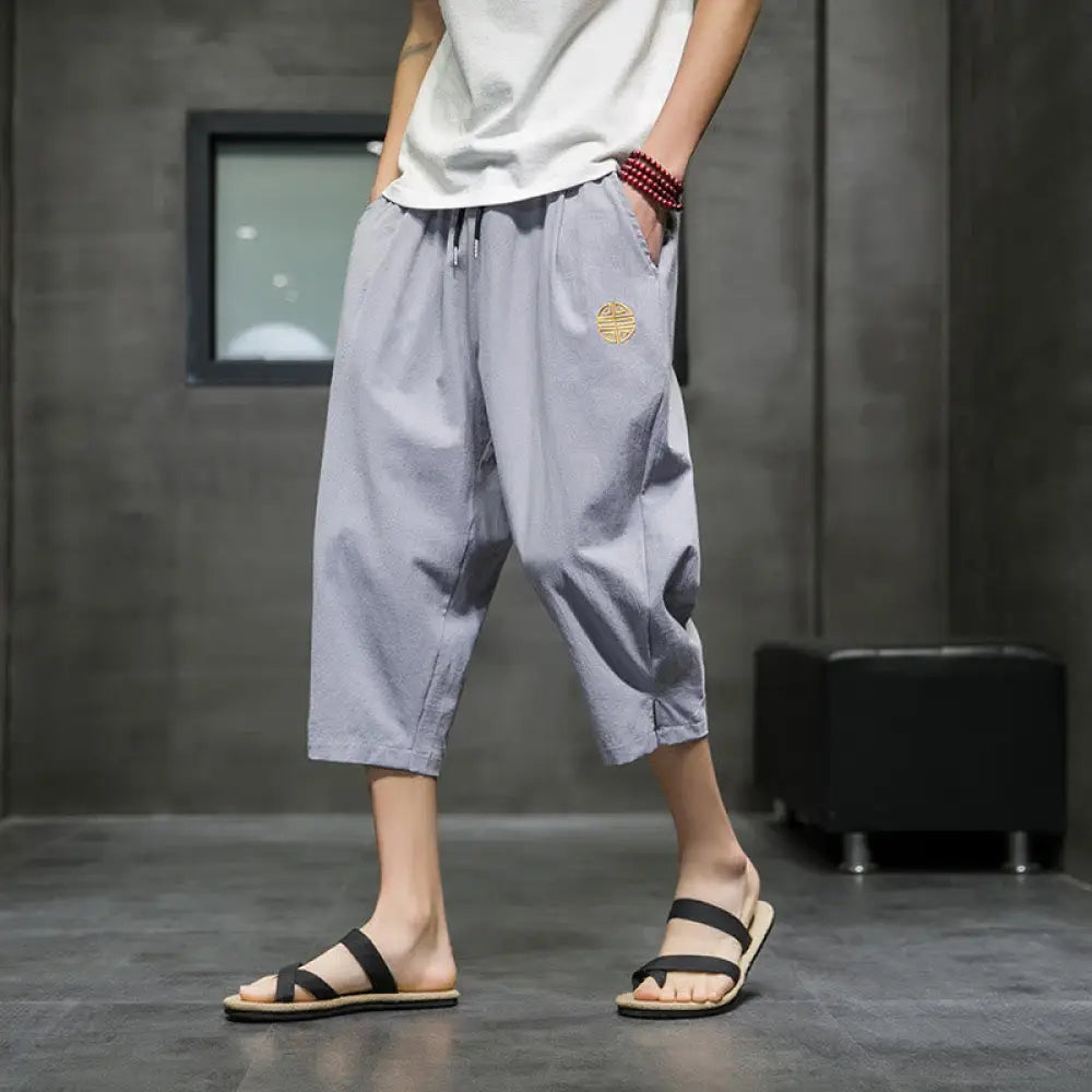 Buddha Stones Summer Men’s Linen Drawstring Cropped Pants With Pockets - DarkGray / US/UK/AU32，EU42 (M) - Men’s Pants
