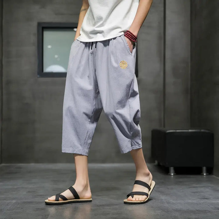 Buddha Stones Summer Men’s Linen Drawstring Cropped Pants With Pockets - DarkGray / US/UK/AU32，EU42 (M) - Men’s Pants