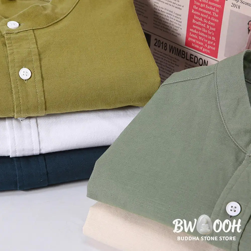 Buddha Stones Summer Men’s Short Sleeve Button Down Cotton Linen Shirt - Men’s Shirts