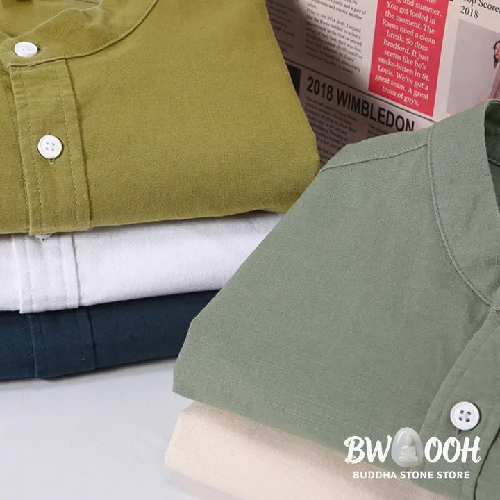 Buddha Stones Summer Men’s Short Sleeve Button Down Cotton Linen Shirt - Men’s Shirts