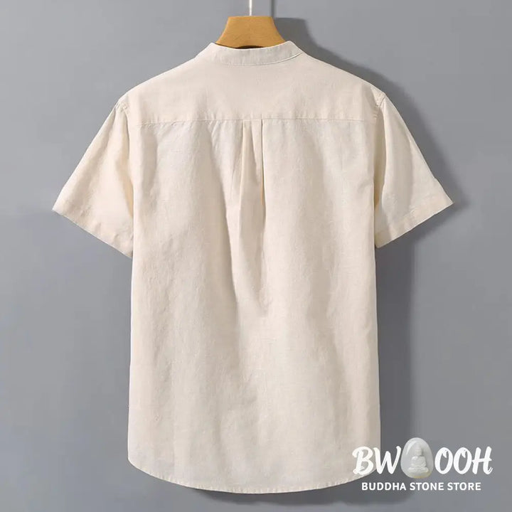 Buddha Stones Summer Men’s Short Sleeve Button Down Cotton Linen Shirt - Men’s Shirts