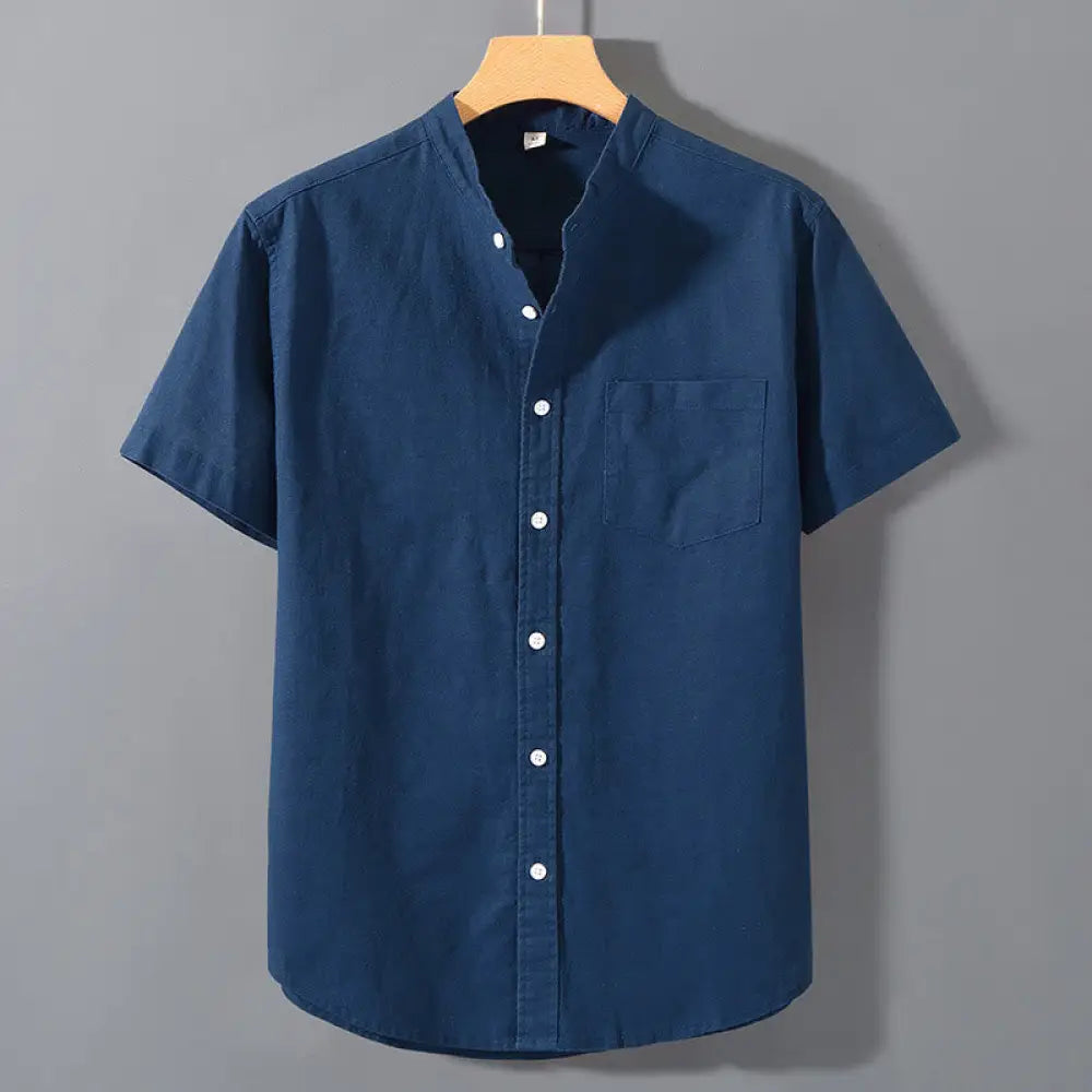 Buddha Stones Summer Men’s Short Sleeve Button Down Cotton Linen Shirt - SteelBlue / US/UK/AU34，EU44 (M) - Men’s Shirts