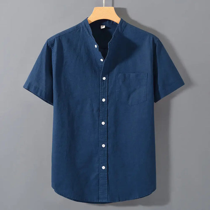 Buddha Stones Summer Men’s Short Sleeve Button Down Cotton Linen Shirt - SteelBlue / US/UK/AU34，EU44 (M) - Men’s Shirts