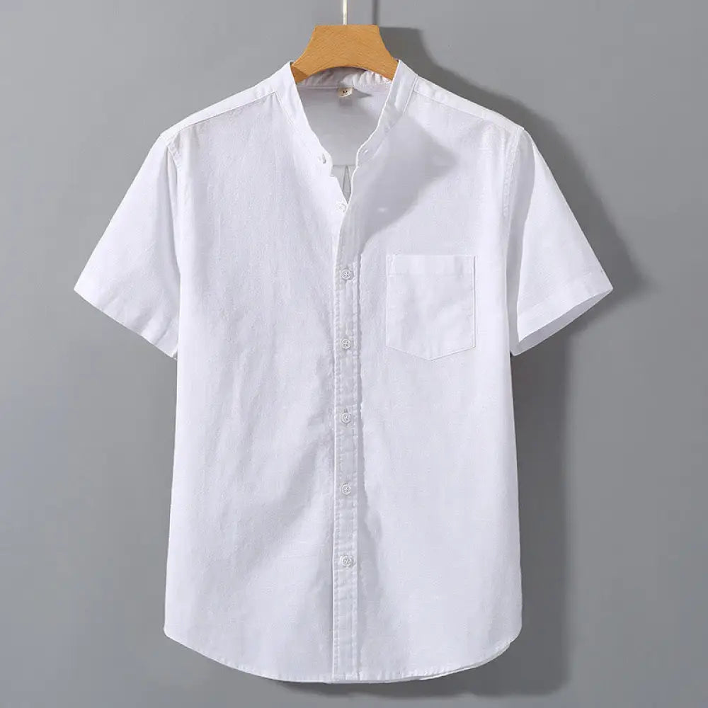 Buddha Stones Summer Men’s Short Sleeve Button Down Cotton Linen Shirt - White / US/UK/AU34，EU44 (M) - Men’s Shirts