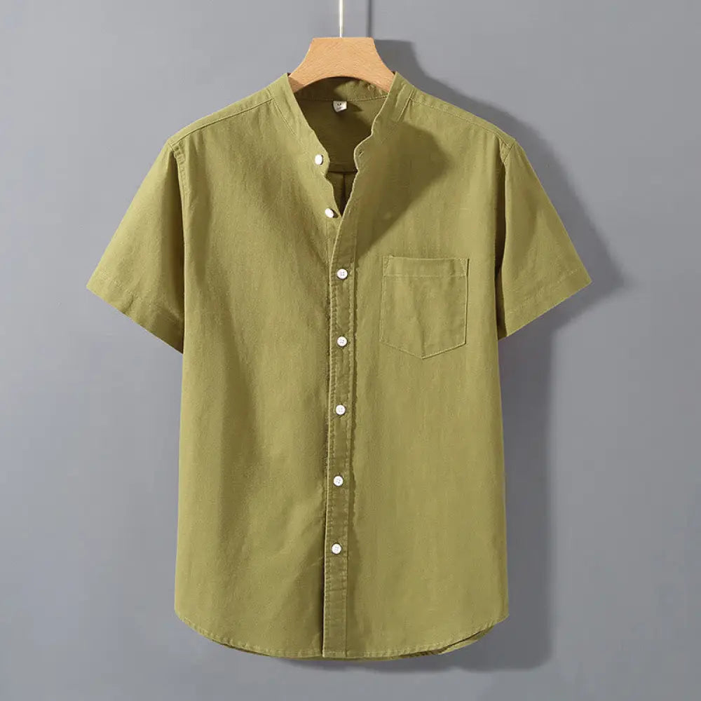 Buddha Stones Summer Men’s Short Sleeve Button Down Cotton Linen Shirt - YellowGreen / US/UK/AU34，EU44 (M) - Men’s