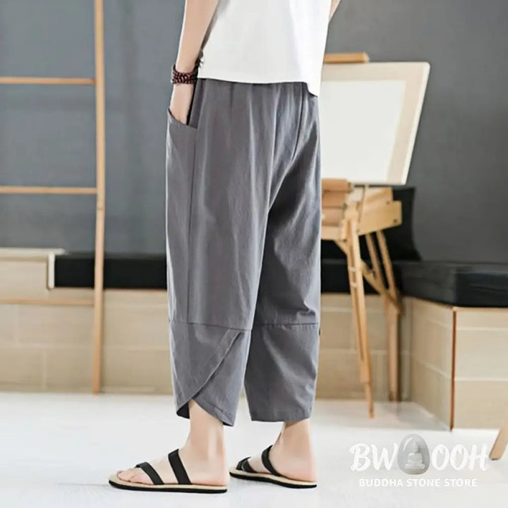 Buddha Stones Summer Men’s Solid Color 7-8 Length Cotton Linen Drawstring Pants With Pockets - Men’s Pants
