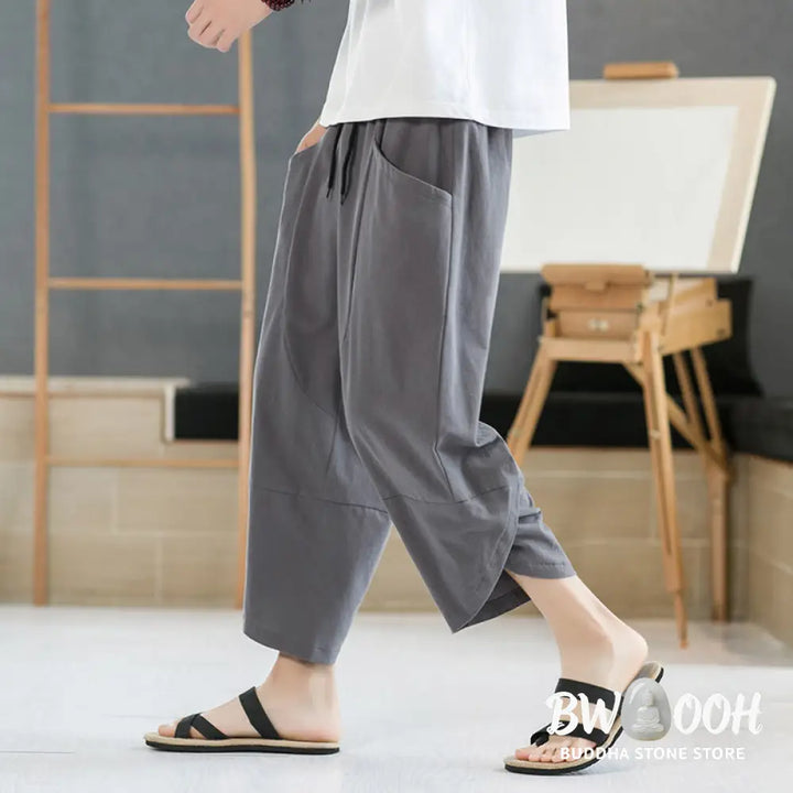 Buddha Stones Summer Men’s Solid Color 7-8 Length Cotton Linen Drawstring Pants With Pockets - Men’s Pants