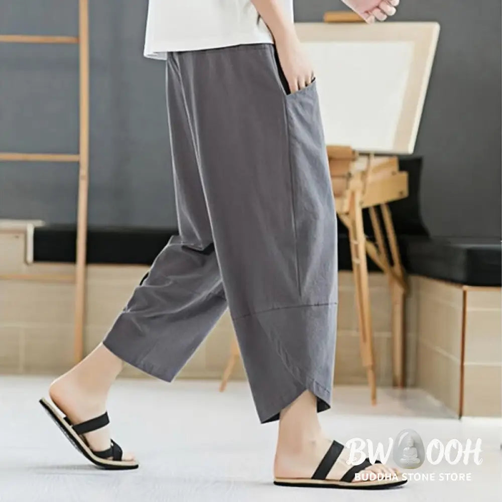 Buddha Stones Summer Men’s Solid Color 7-8 Length Cotton Linen Drawstring Pants With Pockets - Men’s Pants
