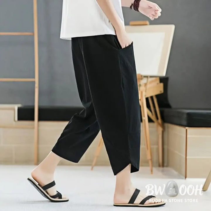 Buddha Stones Summer Men’s Solid Color 7-8 Length Cotton Linen Drawstring Pants With Pockets - Men’s Pants