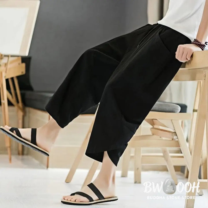 Buddha Stones Summer Men’s Solid Color 7-8 Length Cotton Linen Drawstring Pants With Pockets - Men’s Pants