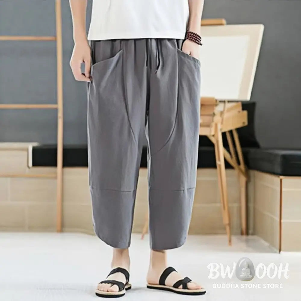 Buddha Stones Summer Men’s Solid Color 7-8 Length Cotton Linen Drawstring Pants With Pockets - Men’s Pants