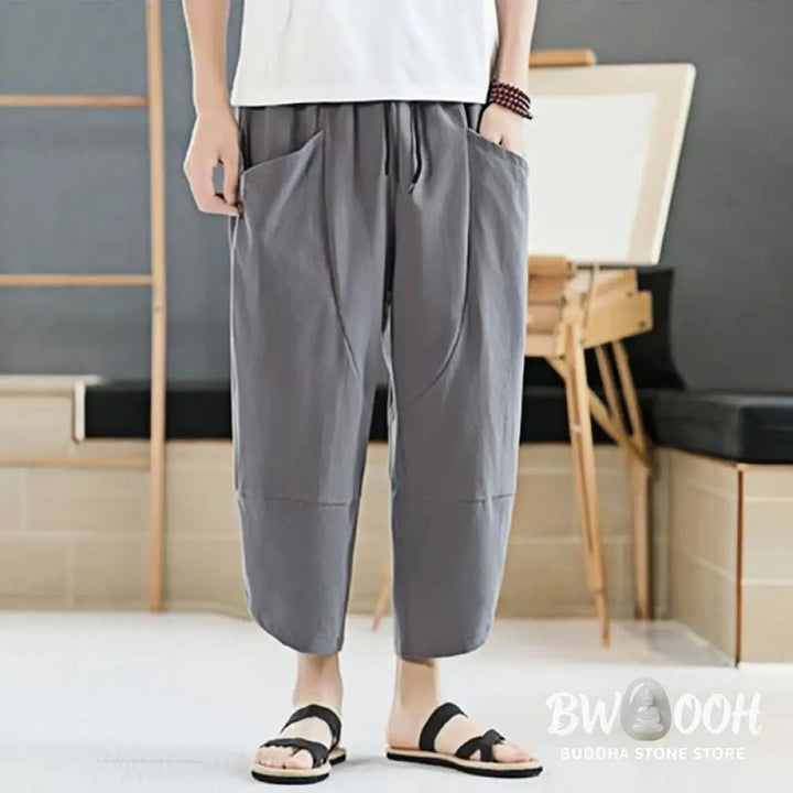 Buddha Stones Summer Men’s Solid Color 7-8 Length Cotton Linen Drawstring Pants With Pockets - Men’s Pants