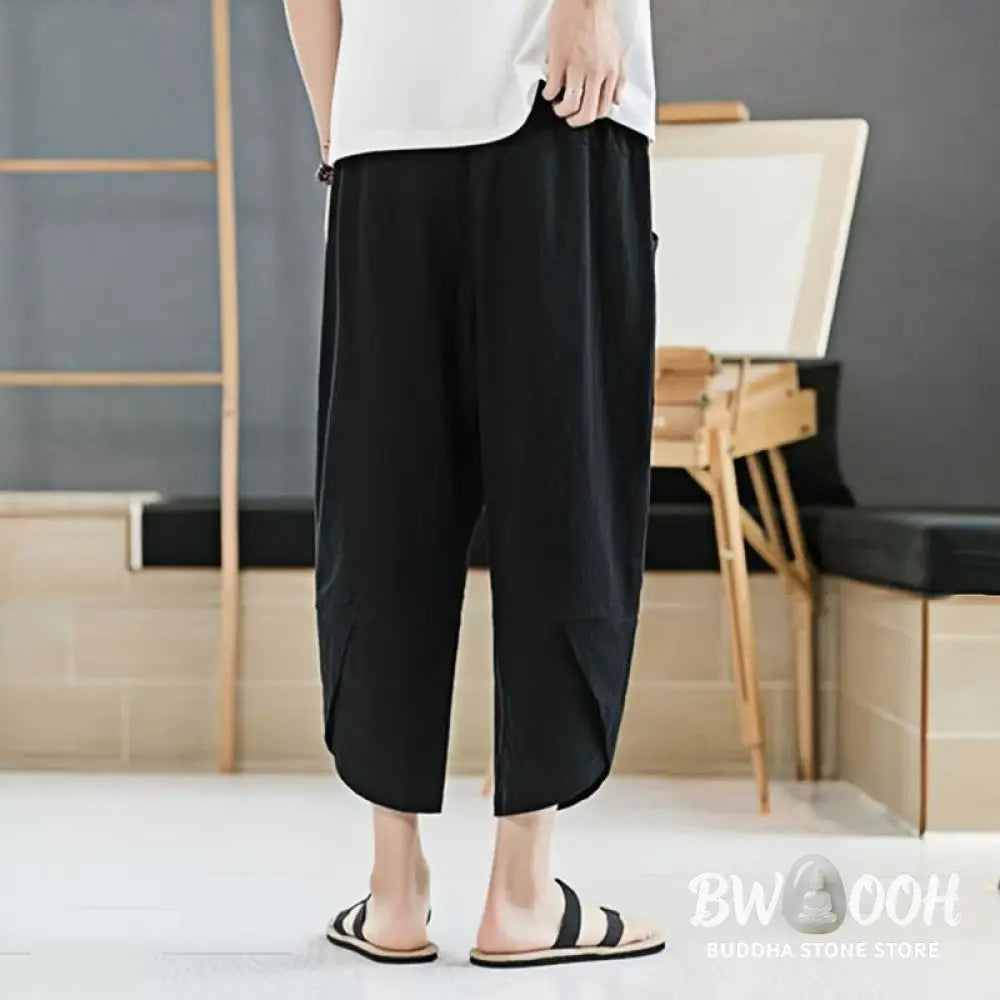 Buddha Stones Summer Men’s Solid Color 7-8 Length Cotton Linen Drawstring Pants With Pockets - Men’s Pants